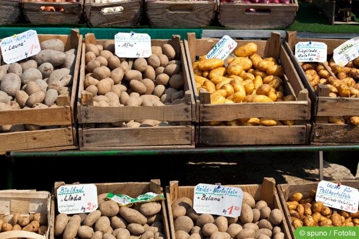 Kartoffeln in Obstkisten zum Verkauf